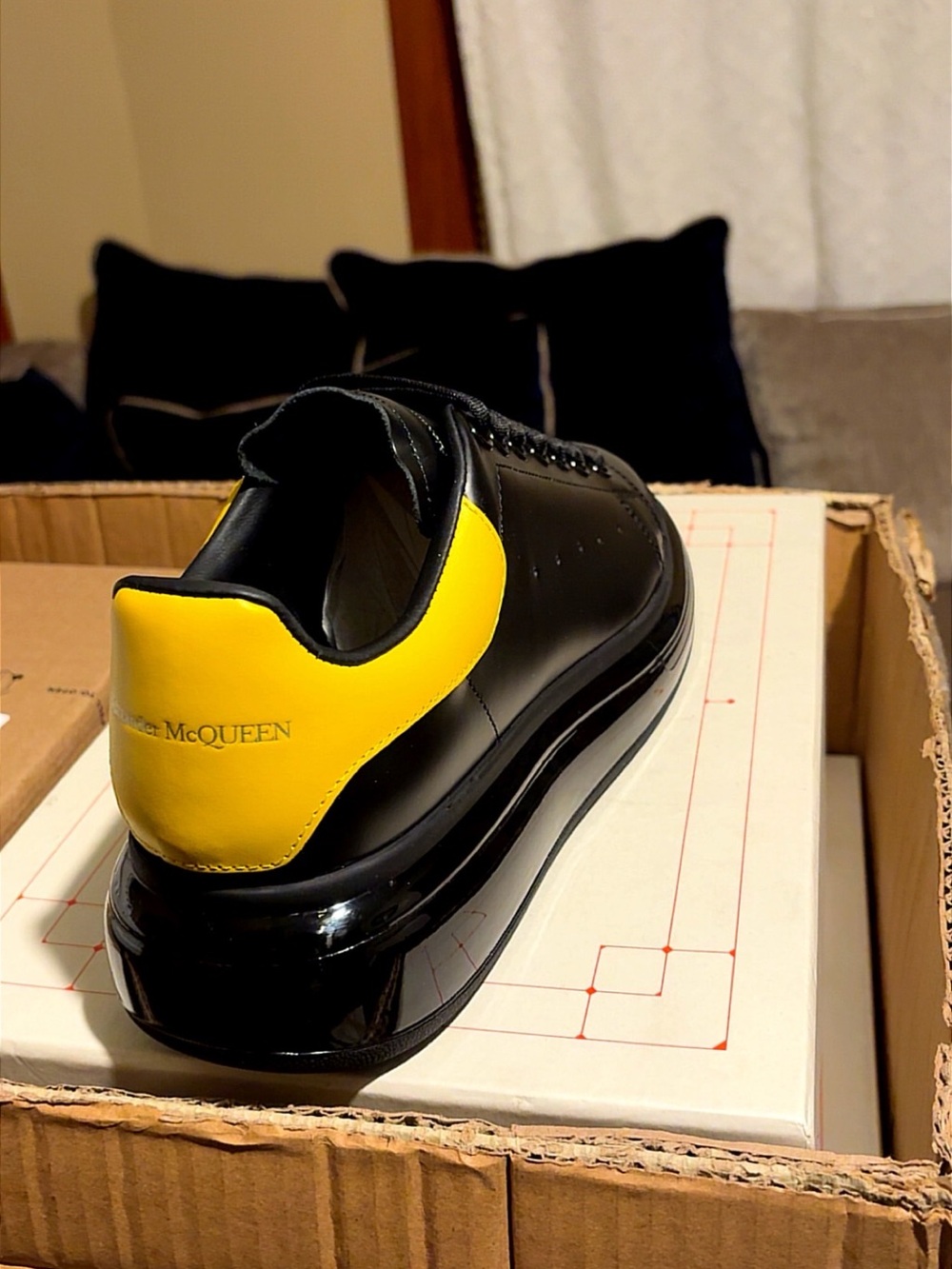 Alexander McQueen Black Leather Sneakers with Yellow Heel Panel - Picture 4 of 7